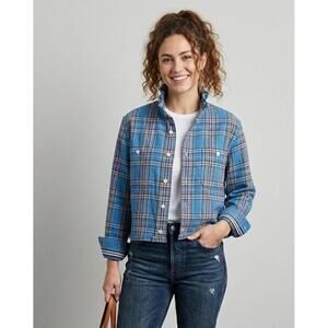 Upcycled Polo Blue Plaid Button-Up Shirt Jacket with Ruffled Collar | M